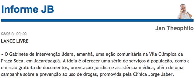 Clínica Jorge Jaber no Informe JB, do Jornal do Brasil